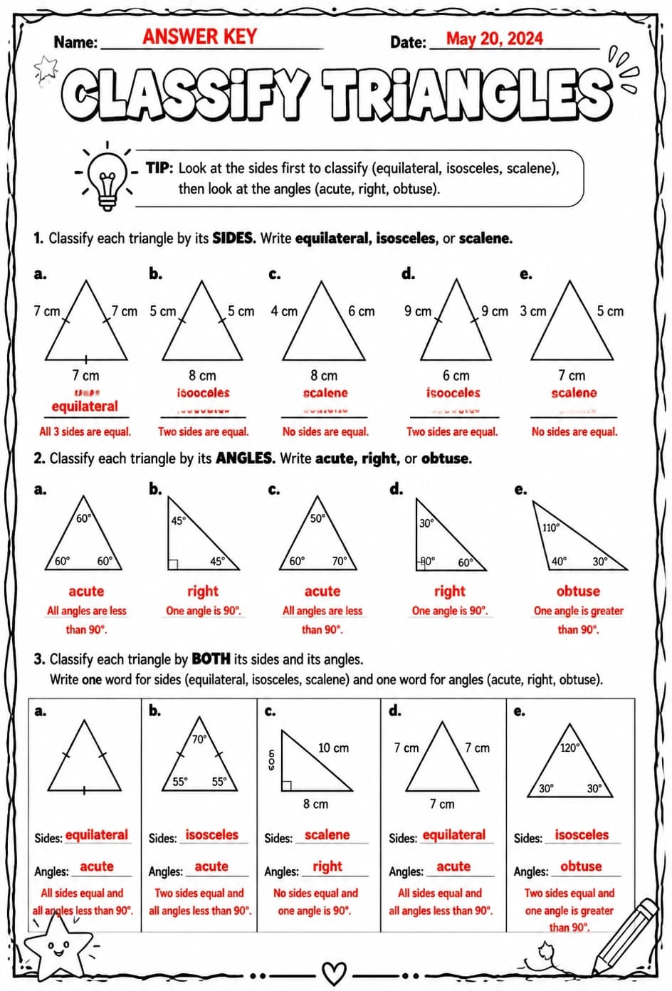 Answer key for Classify triangles — free printable Math worksheet