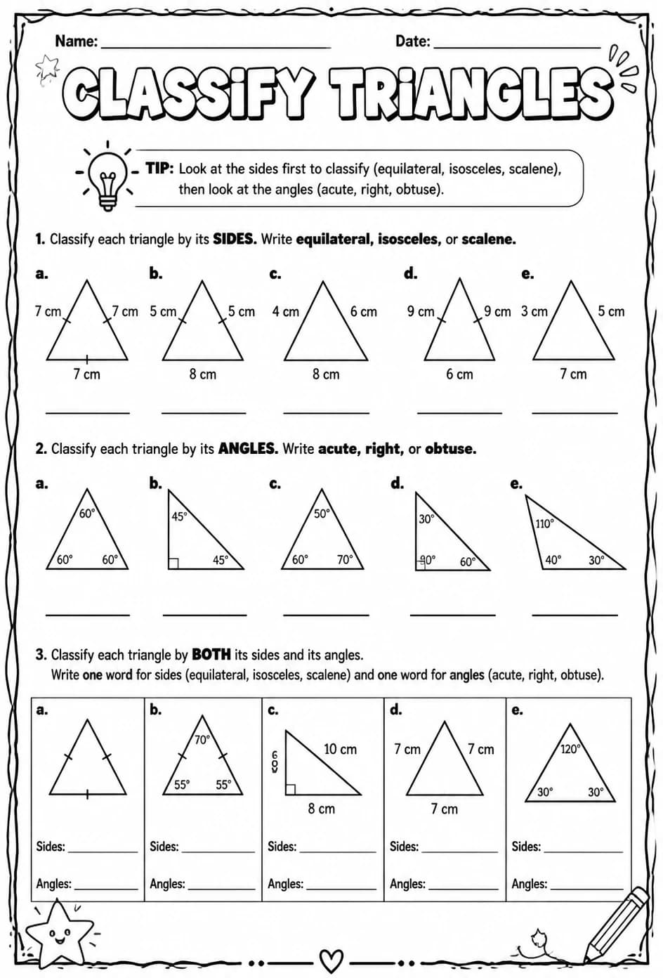 Classify triangles — free printable Grade 8 math worksheet