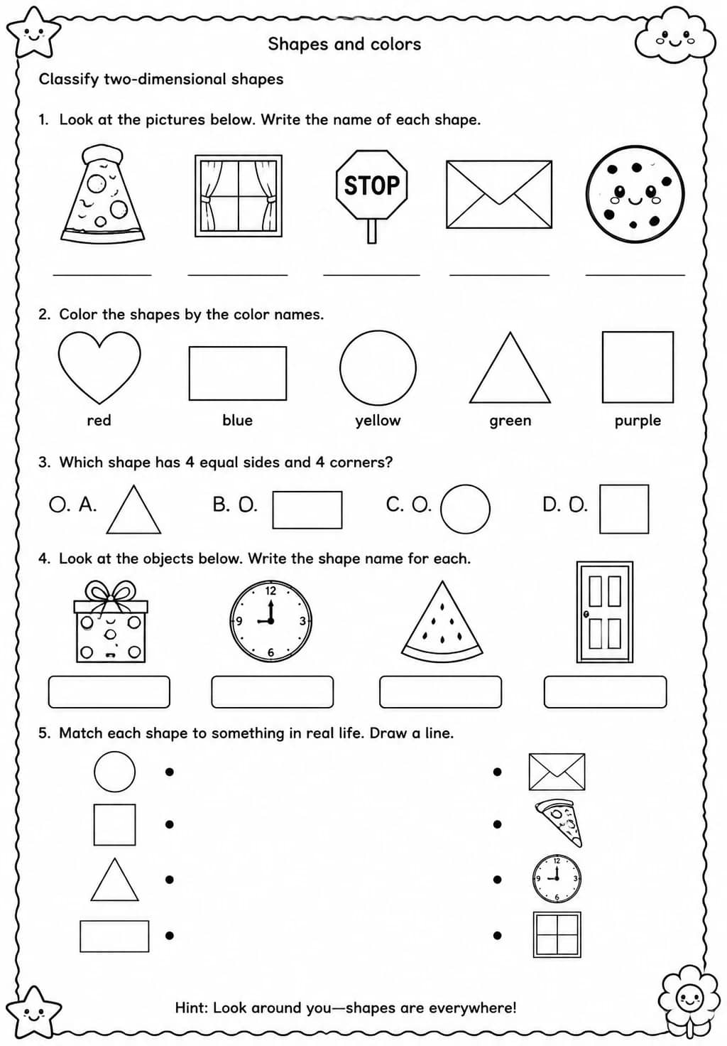 Classify two-dimensional shapes — free printable Grade 1 Science worksheet