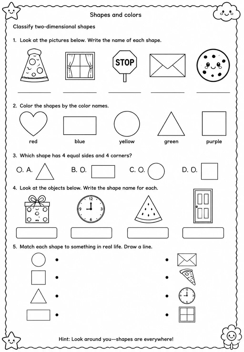 Classify two-dimensional shapes — free printable Grade 1 Science worksheet
