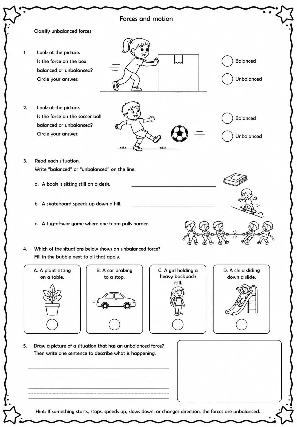 Classify unbalanced forces — free printable Grade 3 Science worksheet