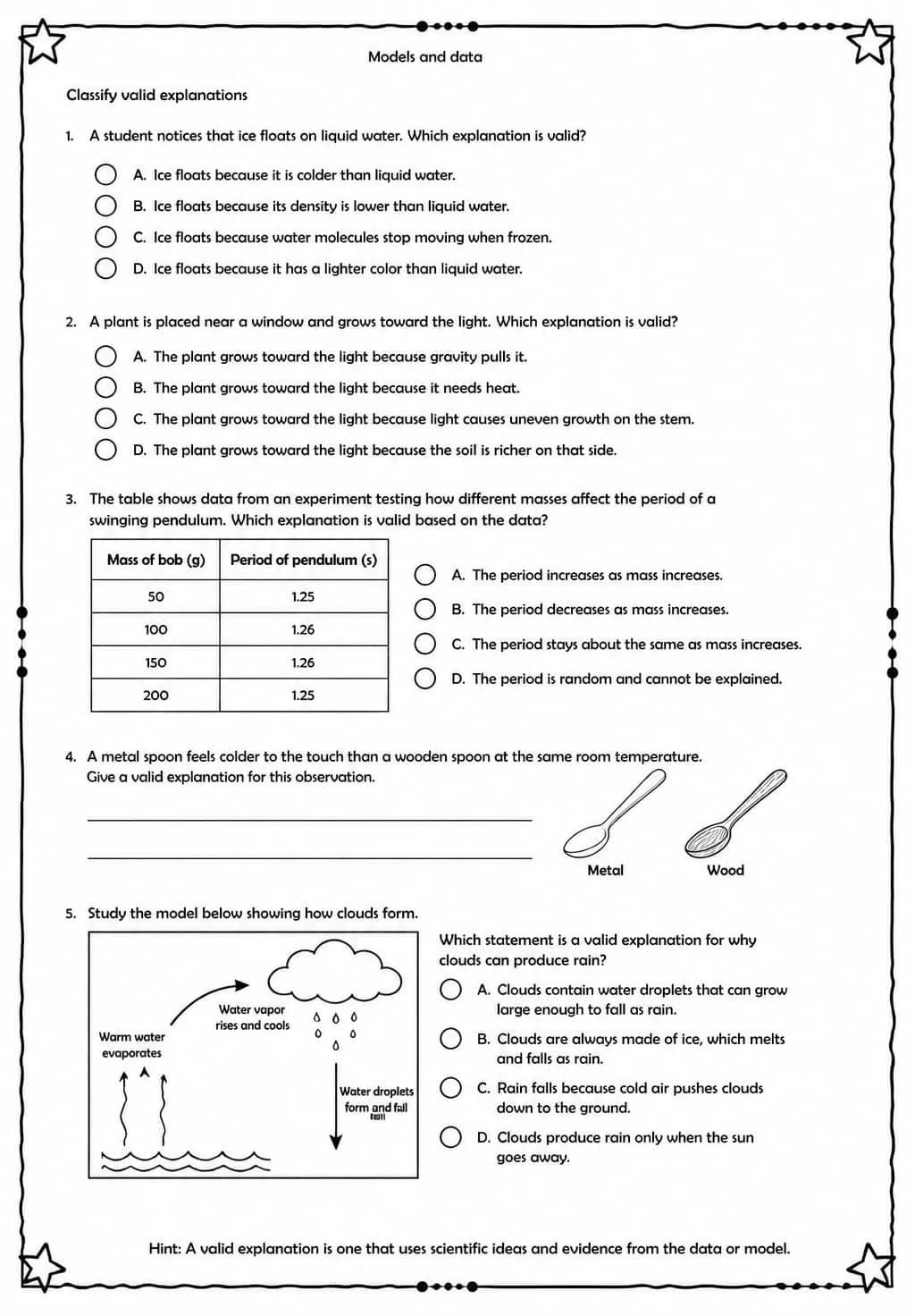 Classify valid explanations — free printable Middle School Science worksheet