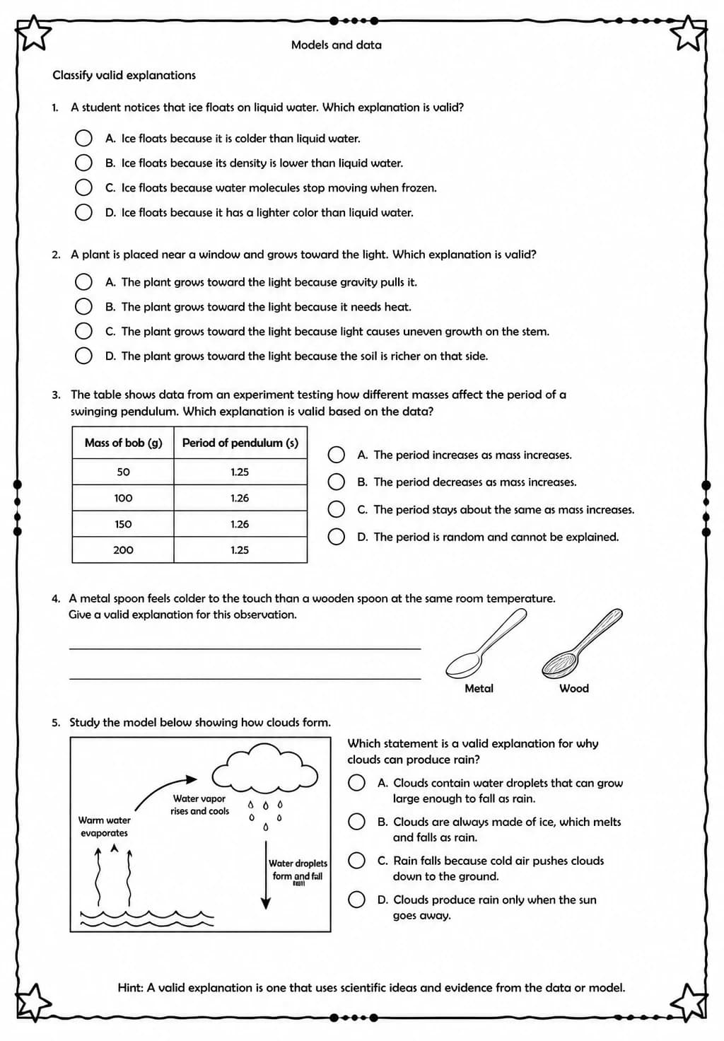 Classify valid explanations — free printable Middle School Science worksheet
