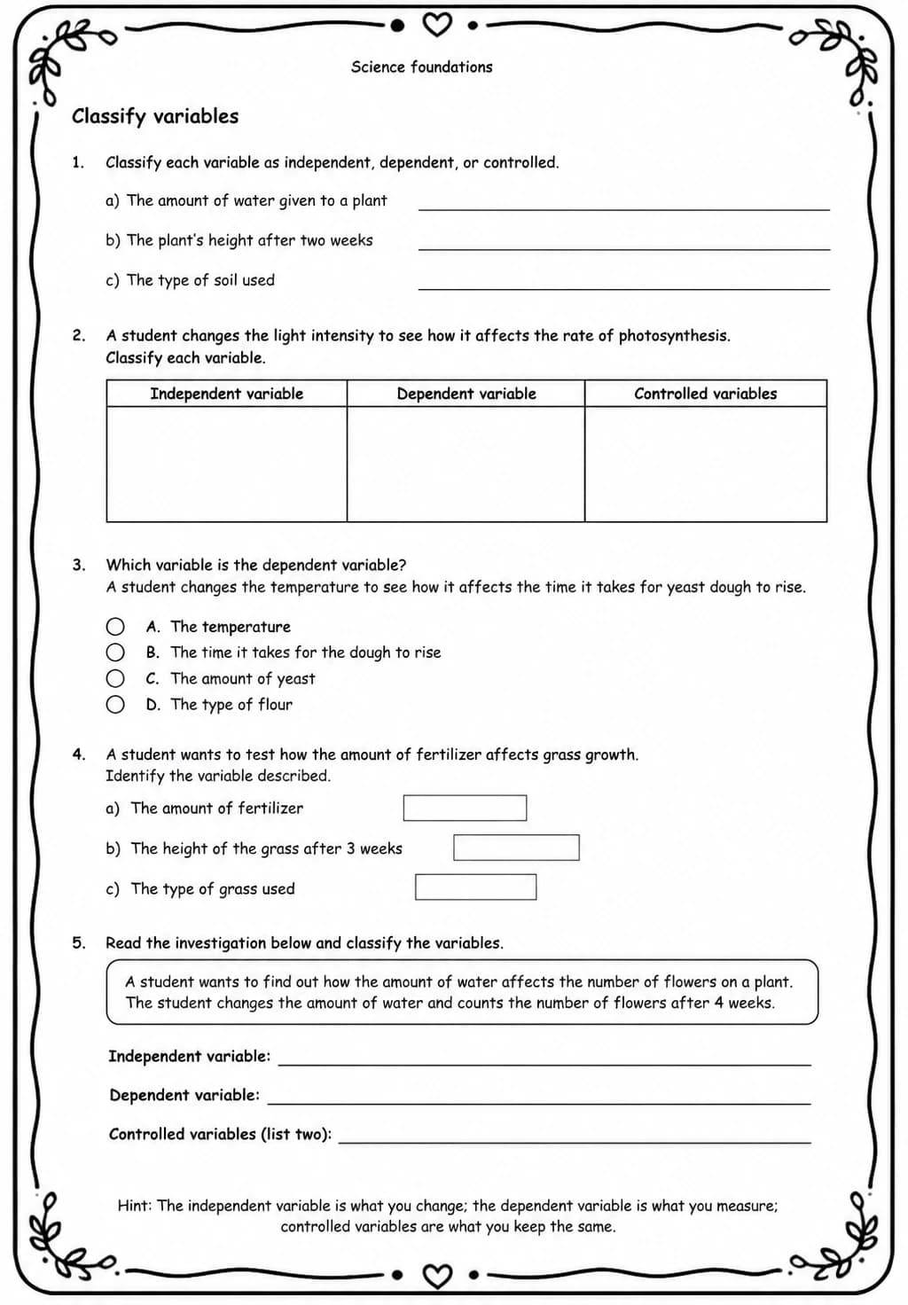 Classify variables — free printable High School Science worksheet