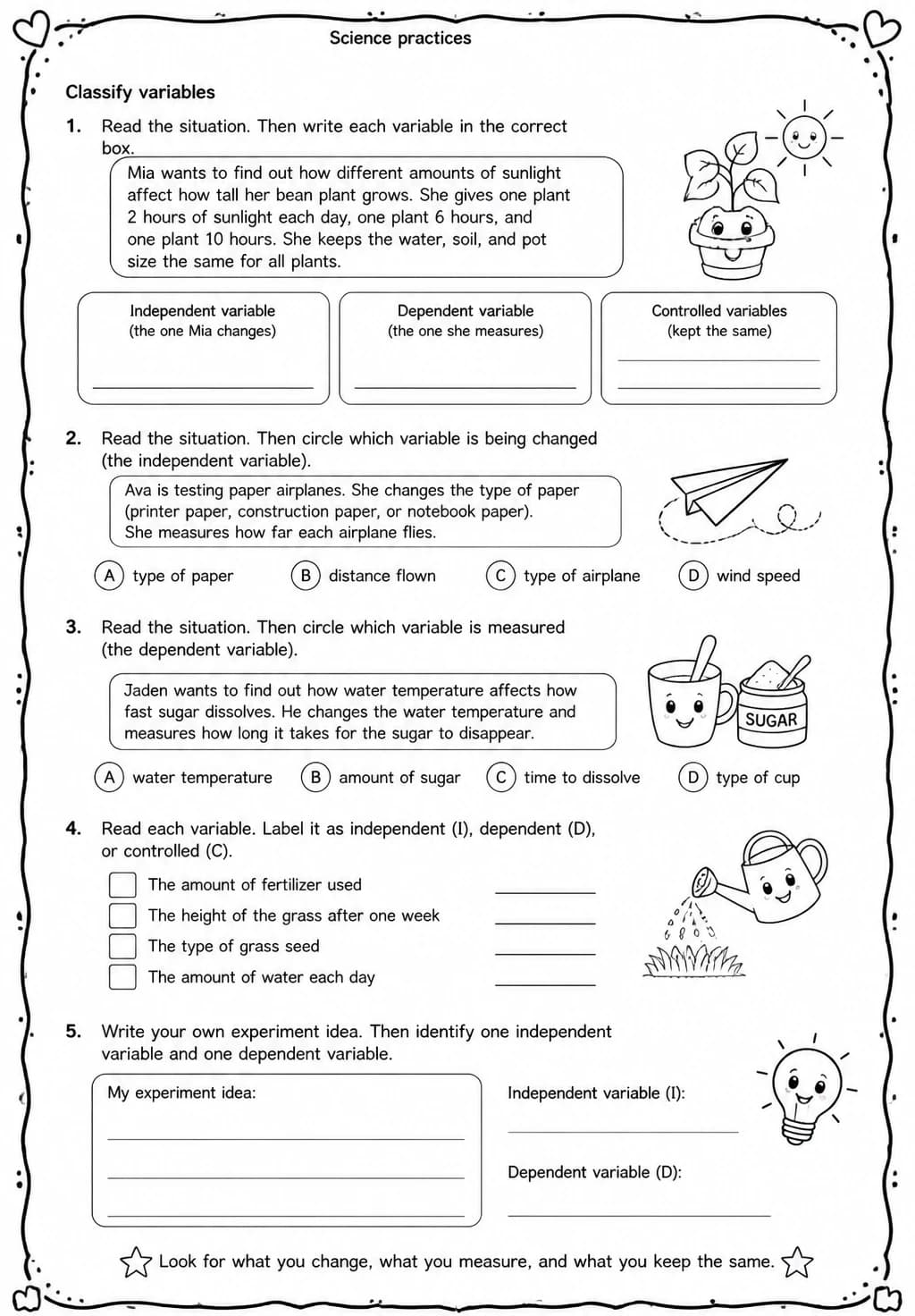 Classify variables — free printable Grade 4 Science worksheet