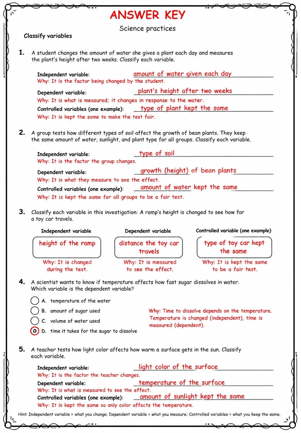 Answer key for Classify variables — free printable Science worksheet