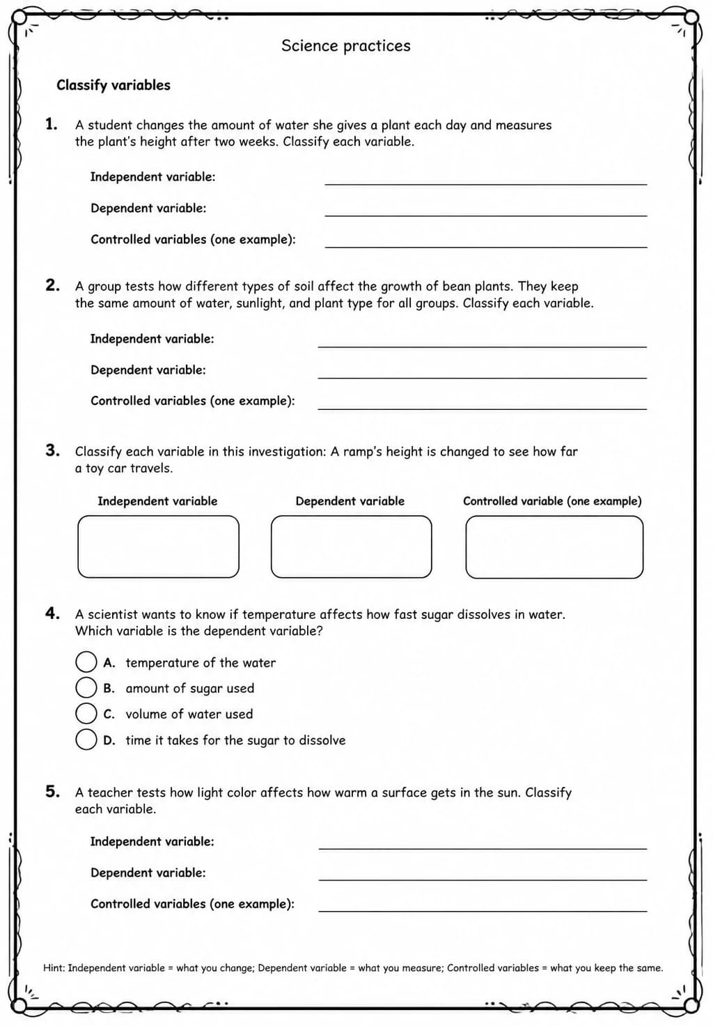 Classify variables — free printable Middle School Science worksheet