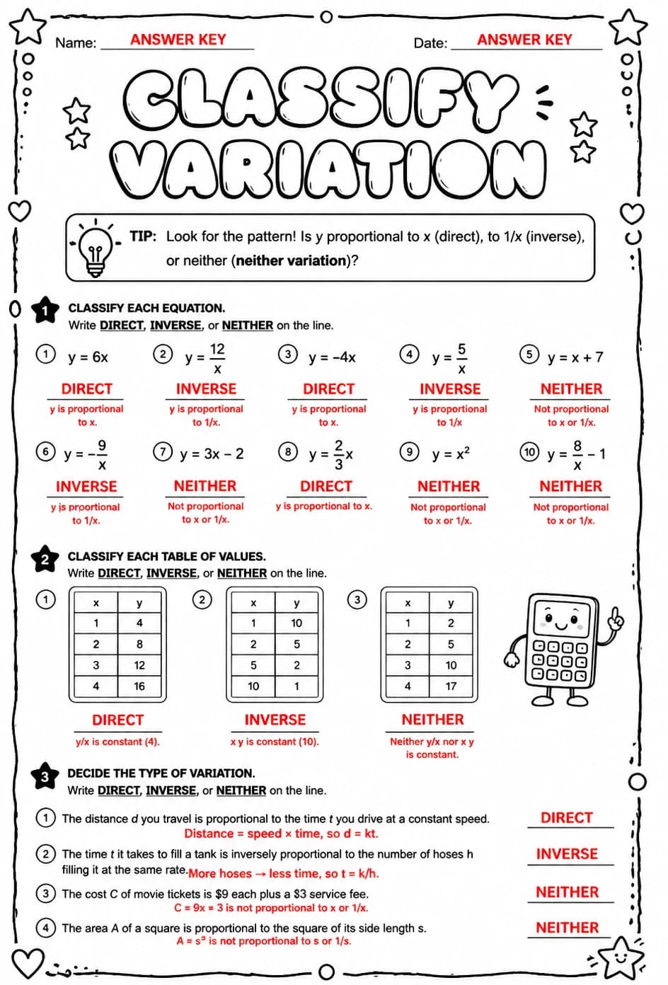 Answer key for Classify variation — free printable Math worksheet
