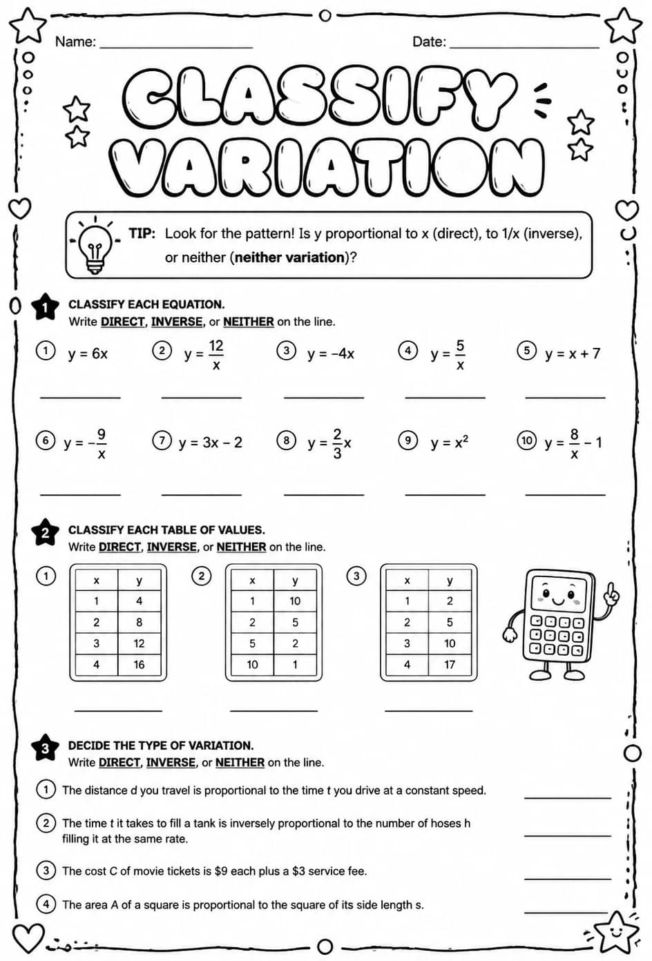 Classify variation — free printable Algebra 2 math worksheet