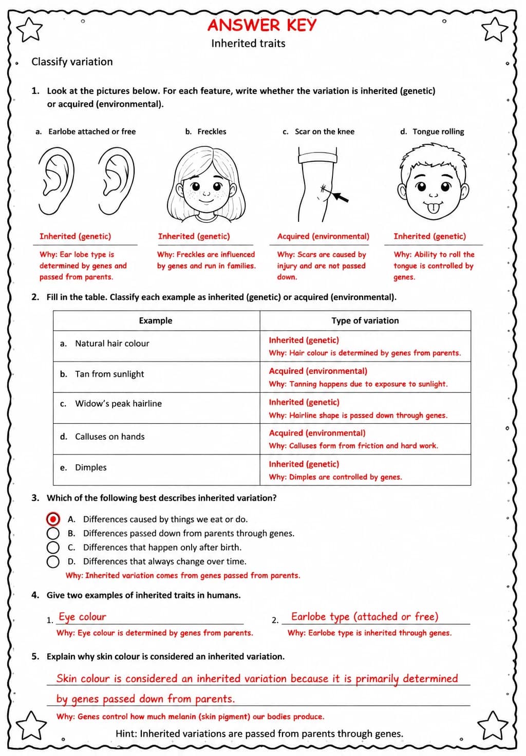 Answer key for Classify variation — free printable Science worksheet