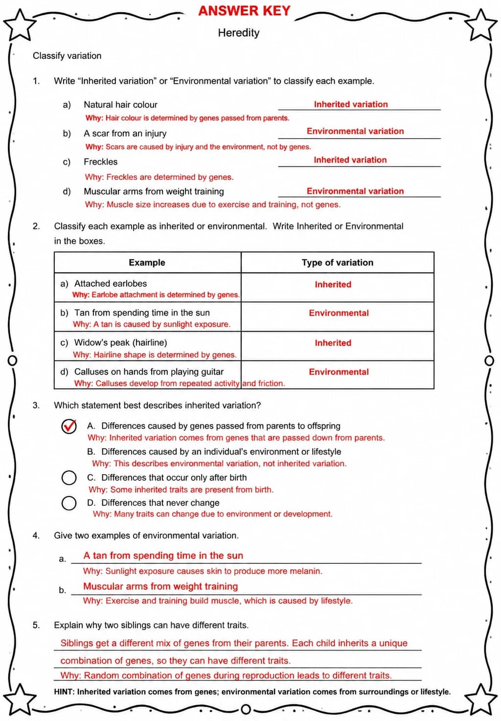 Answer key for Classify variation — free printable Science worksheet