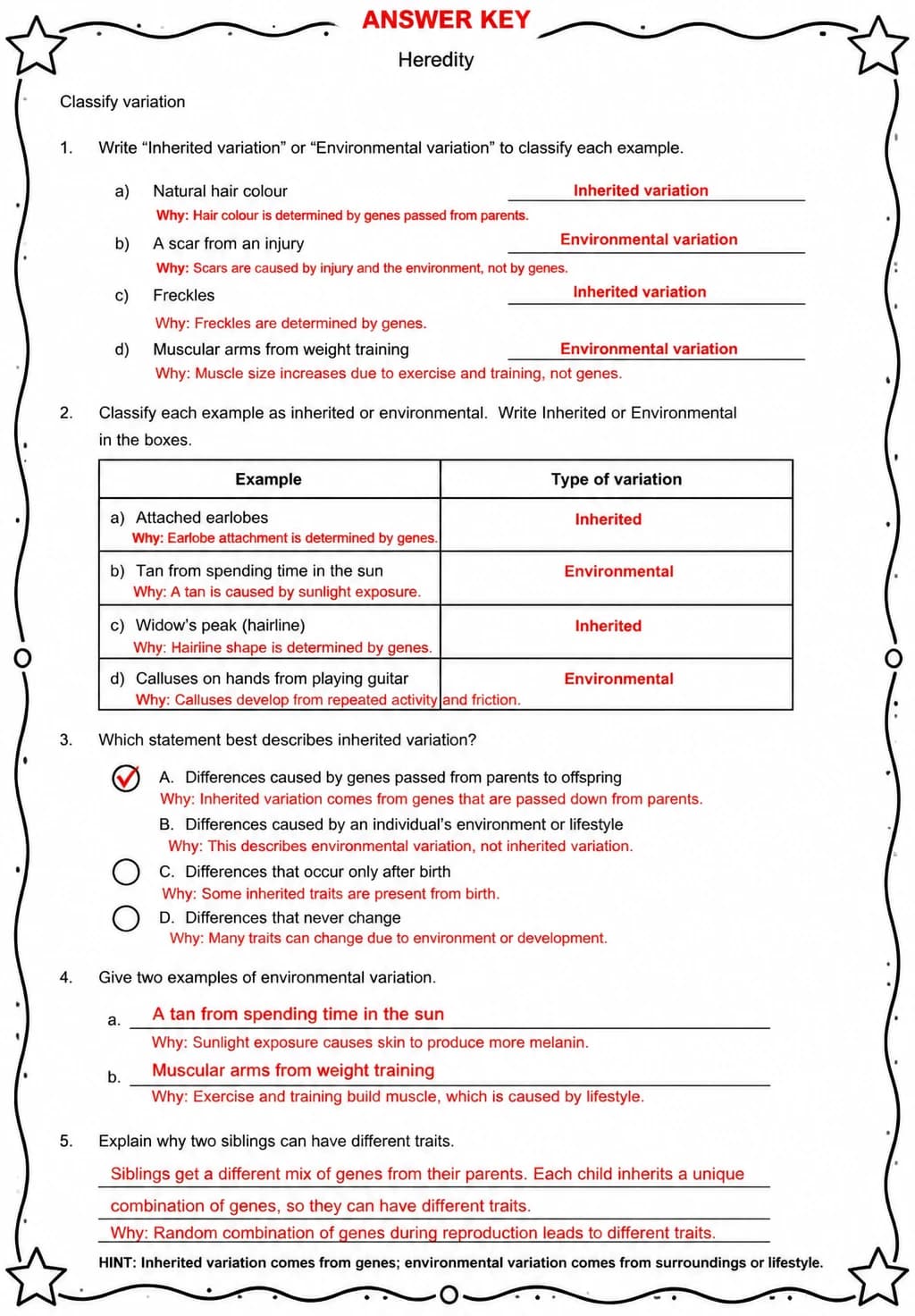 Answer key for Classify variation — free printable Science worksheet