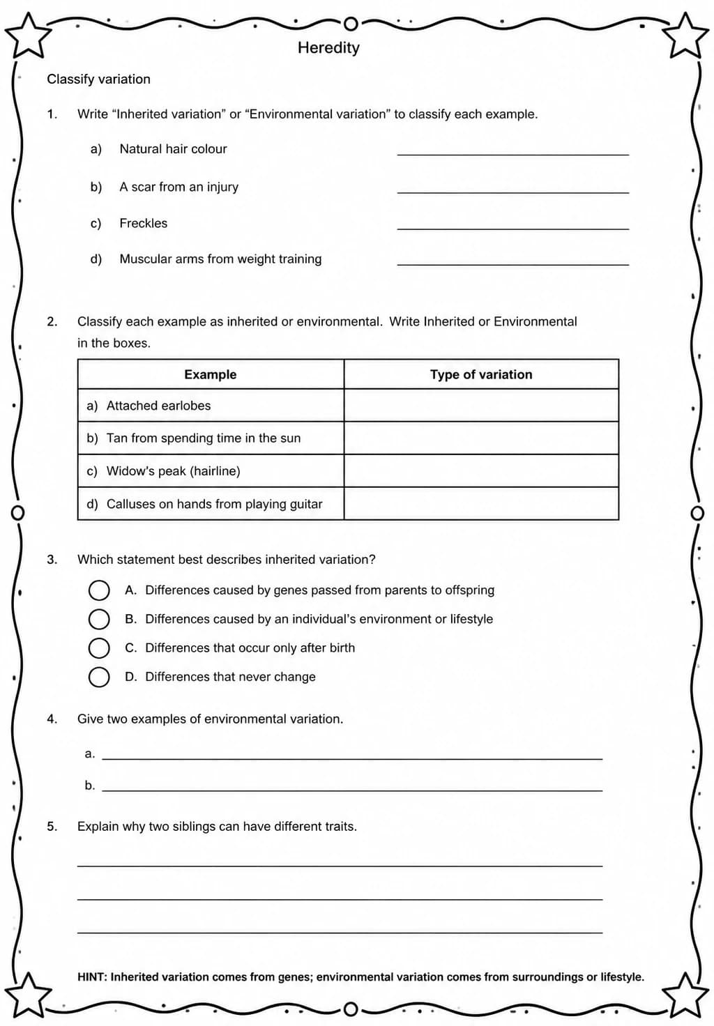 Classify variation — free printable Middle School Science worksheet