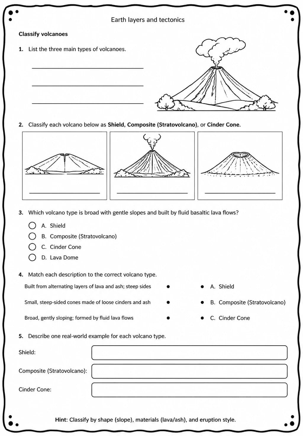 Classify volcanoes — free printable Middle School Science worksheet