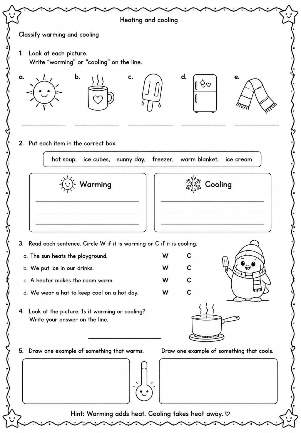 Classify warming and cooling — free printable Grade 1 Science worksheet