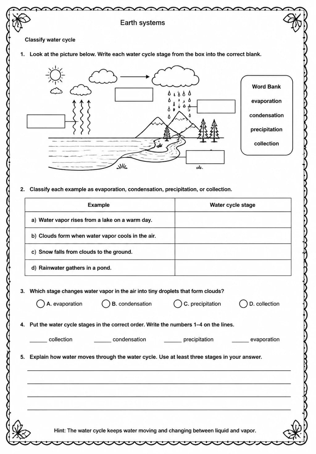 Classify water cycle — free printable Middle School Science worksheet
