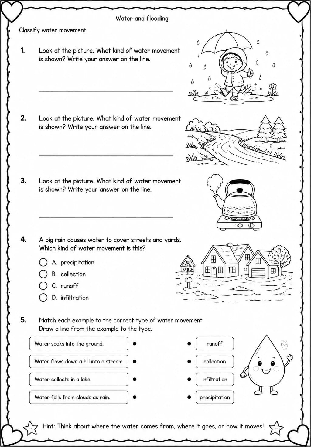 Classify water movement — free printable Grade 4 Science worksheet