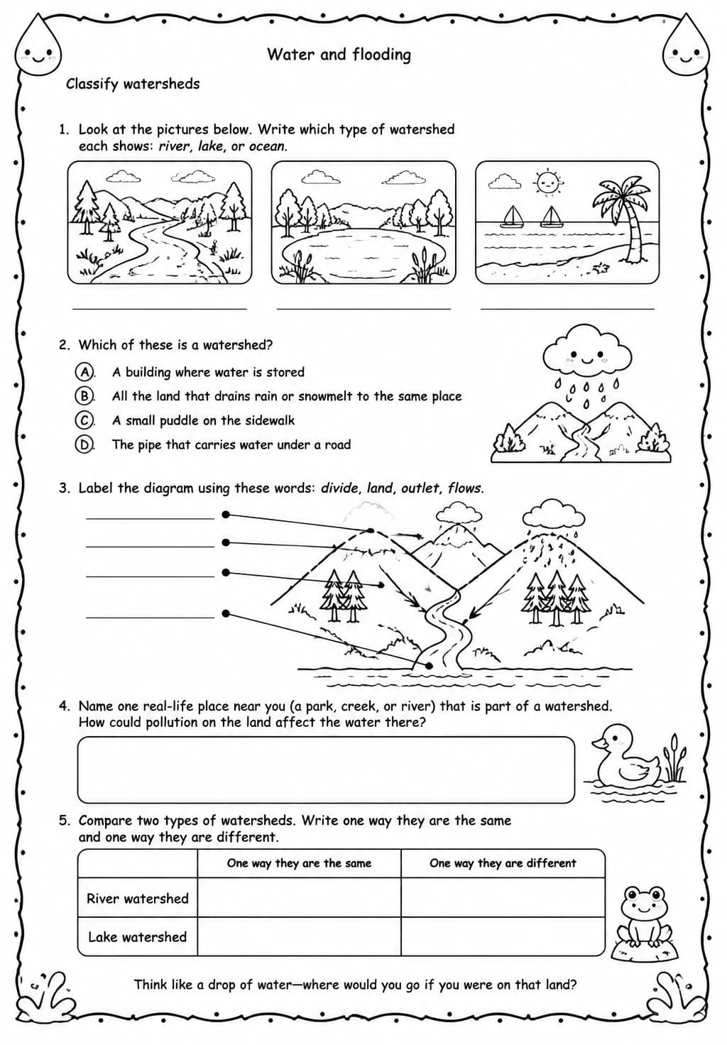 Classify watersheds — free printable Grade 4 Science worksheet