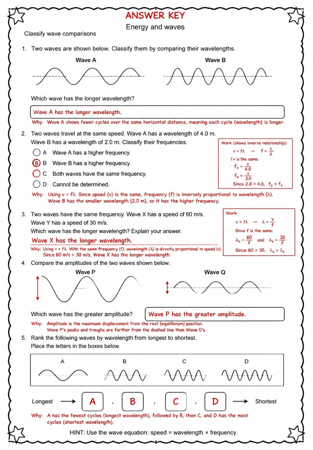 Answer key for Classify wave comparisons — free printable Science worksheet
