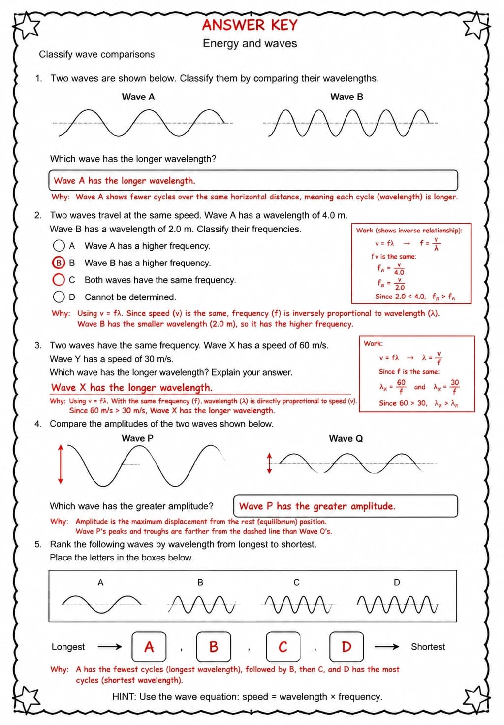 Answer key for Classify wave comparisons — free printable Science worksheet