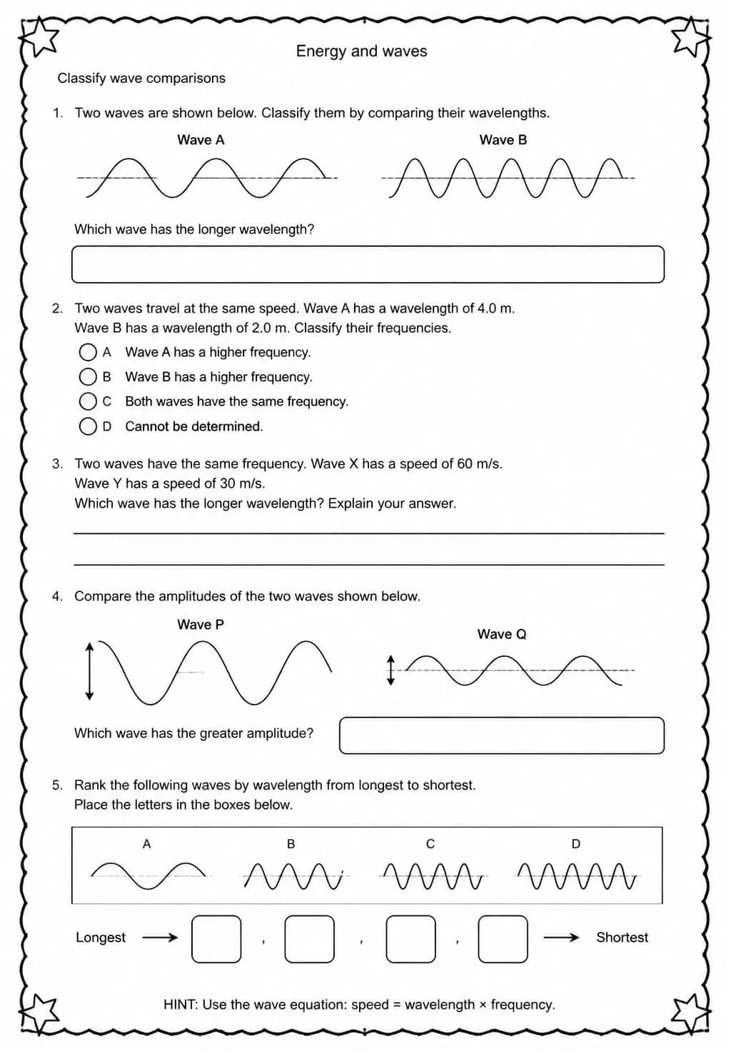 Classify wave comparisons — free printable Middle School Science worksheet