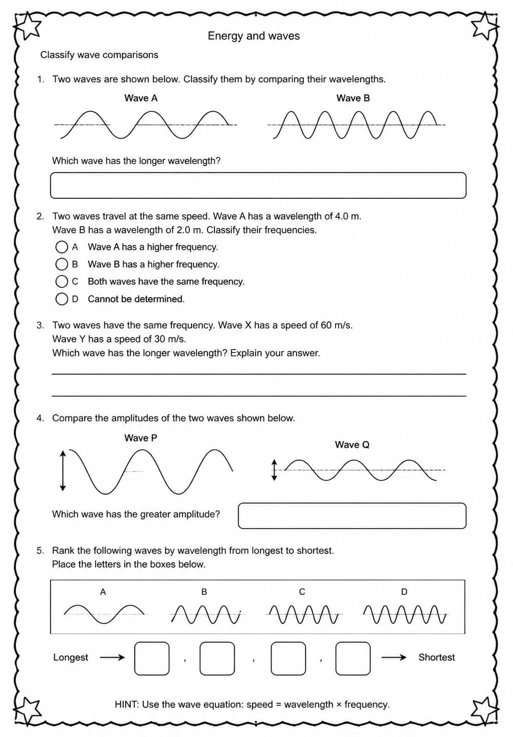 Classify wave comparisons — free printable Middle School Science worksheet