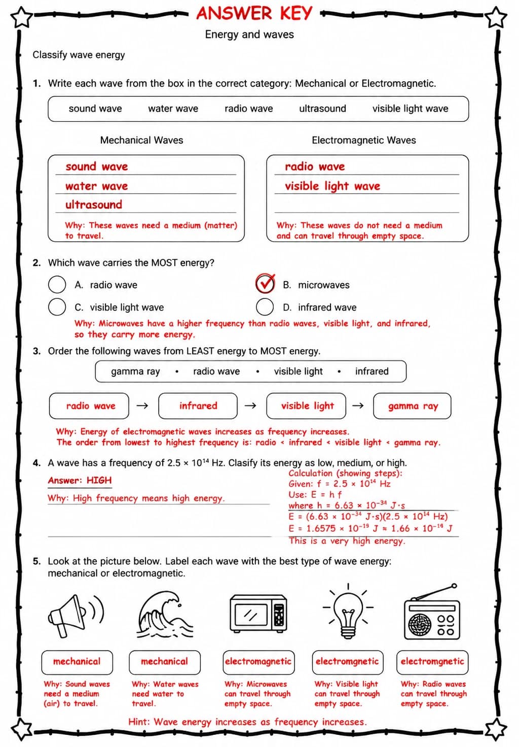 Answer key for Classify wave energy — free printable Science worksheet