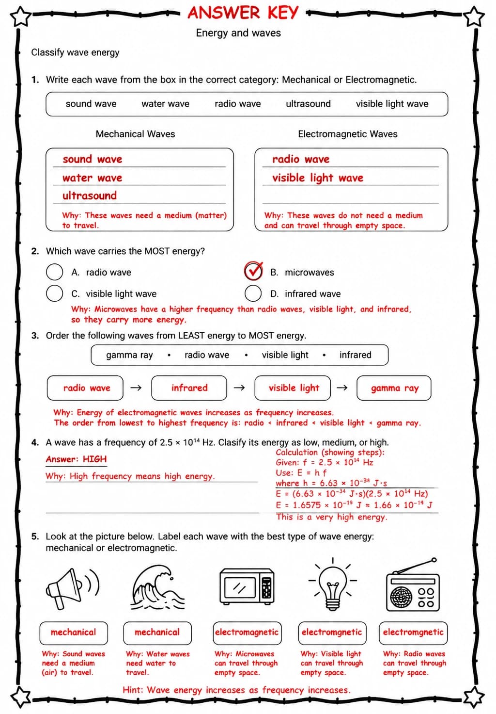 Answer key for Classify wave energy — free printable Science worksheet
