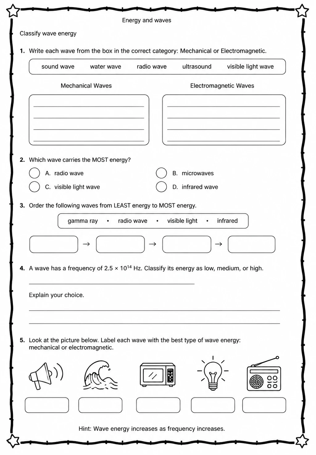 Classify wave energy — free printable Middle School Science worksheet