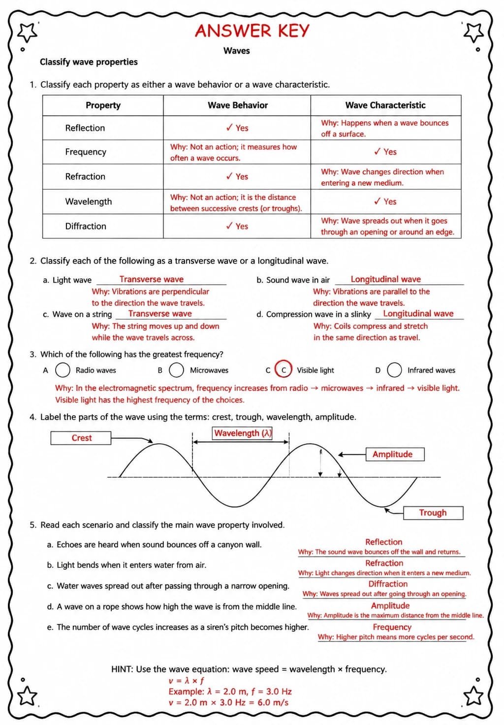 Answer key for Classify wave properties — free printable Science worksheet