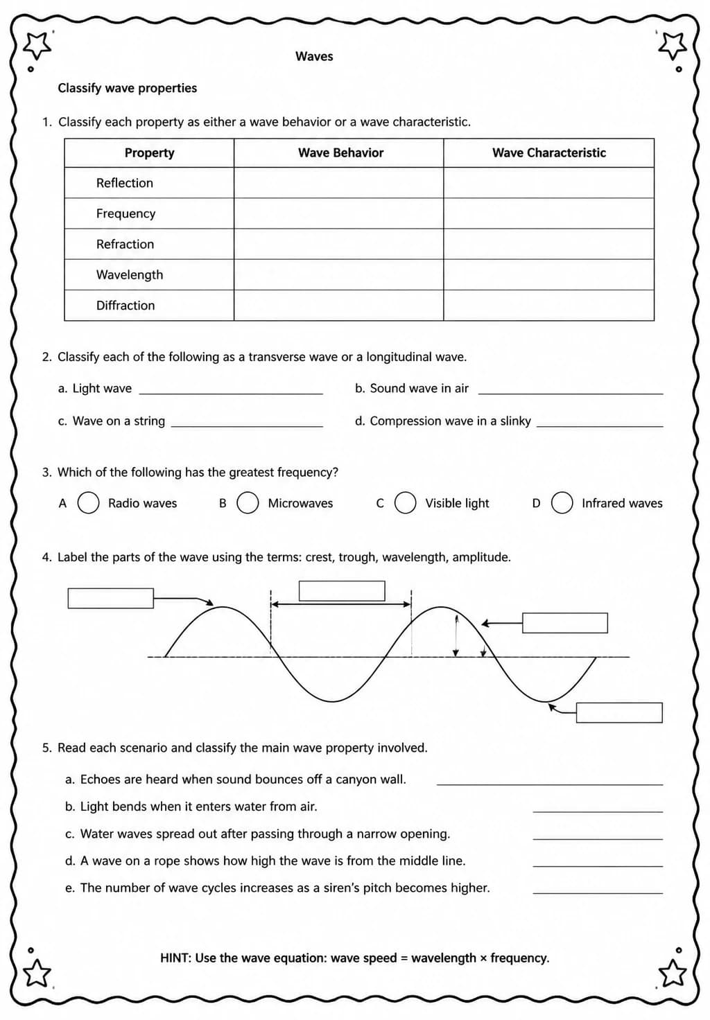 Classify wave properties — free printable Middle School Science worksheet