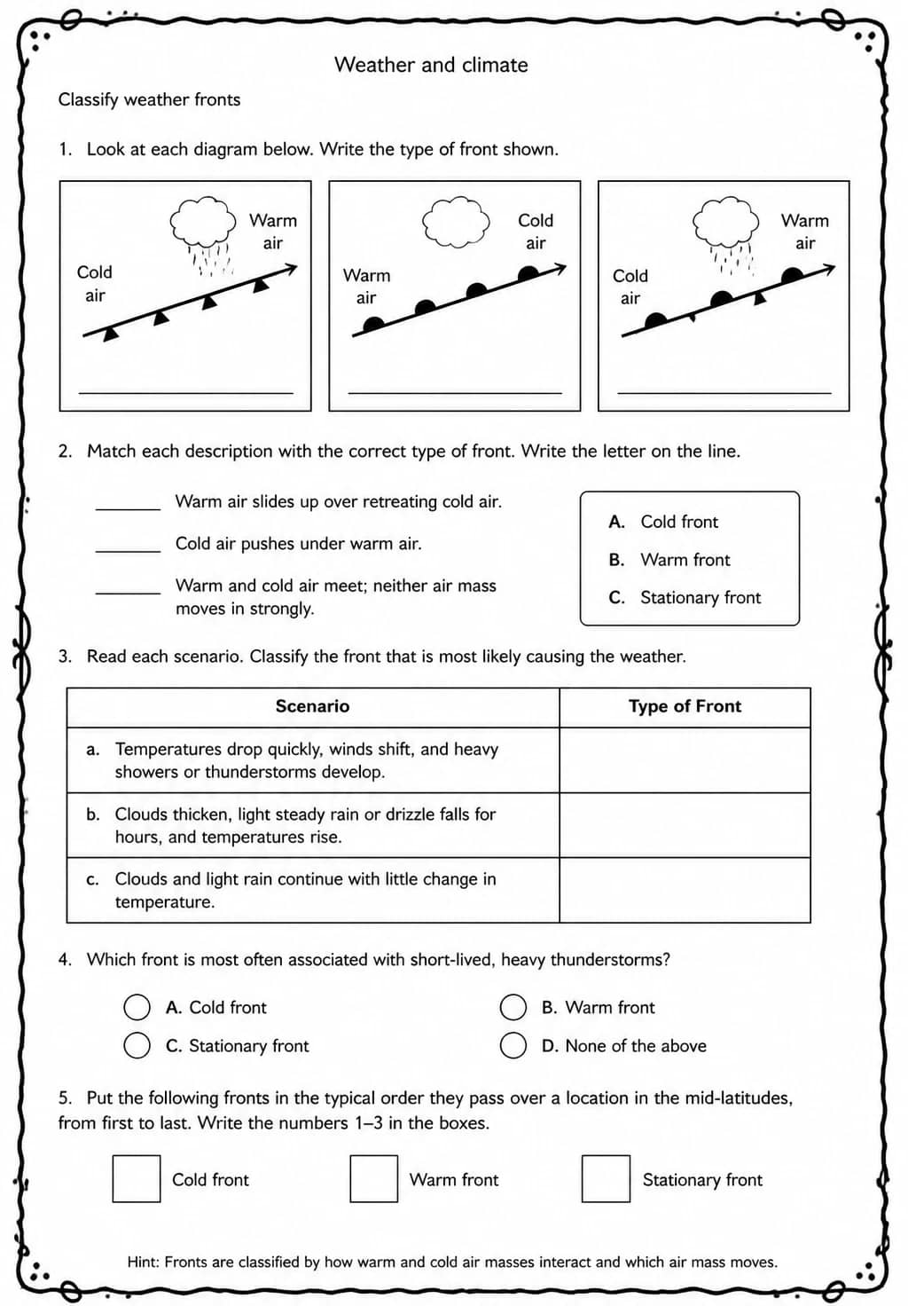Classify weather fronts — free printable Middle School Science worksheet