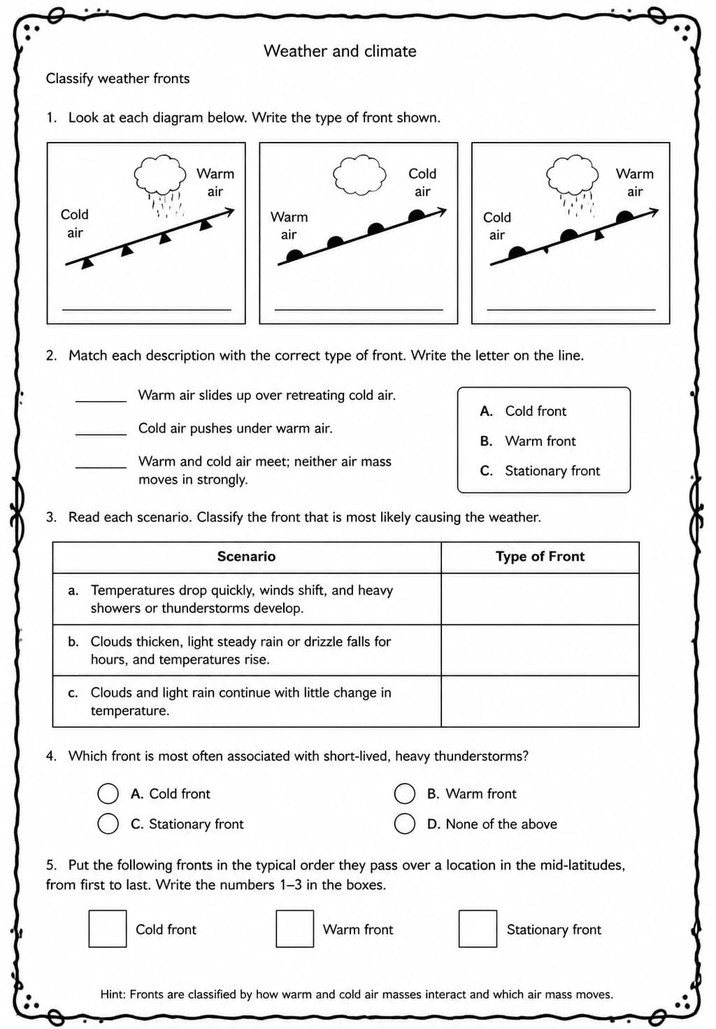 Classify weather fronts — free printable Middle School Science worksheet