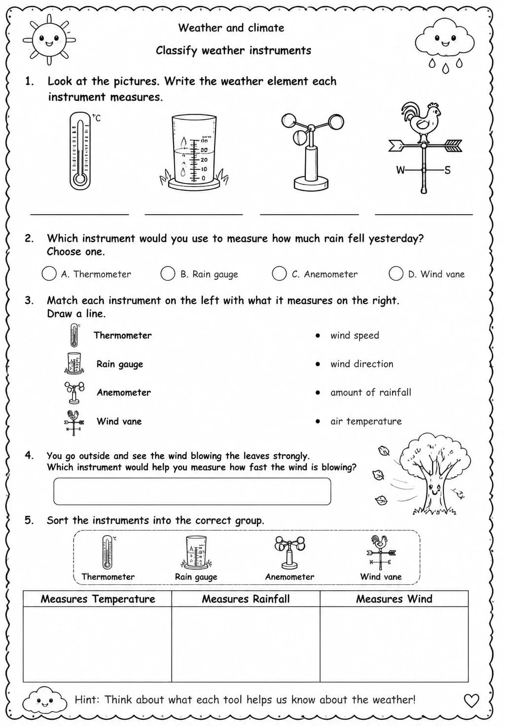 Classify weather instruments — free printable Grade 4 Science worksheet