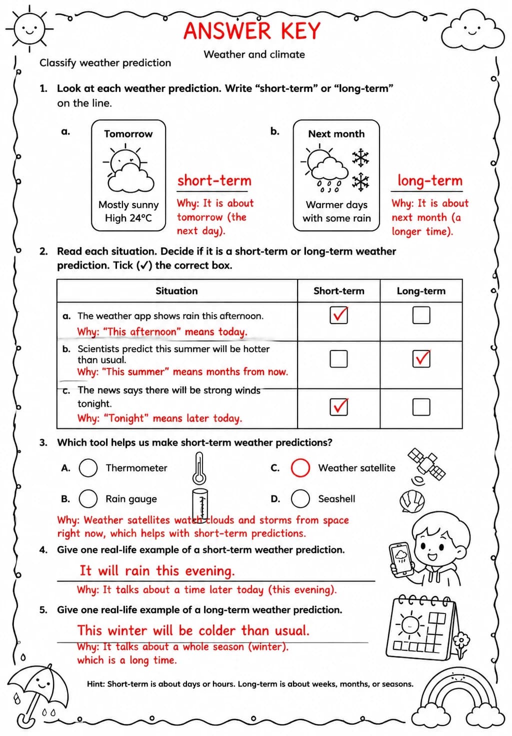 Answer key for Classify weather prediction — free printable Science worksheet