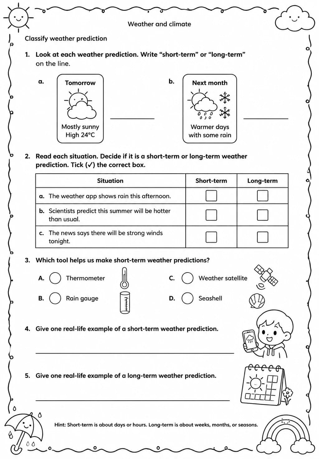 Classify weather prediction — free printable Grade 4 Science worksheet