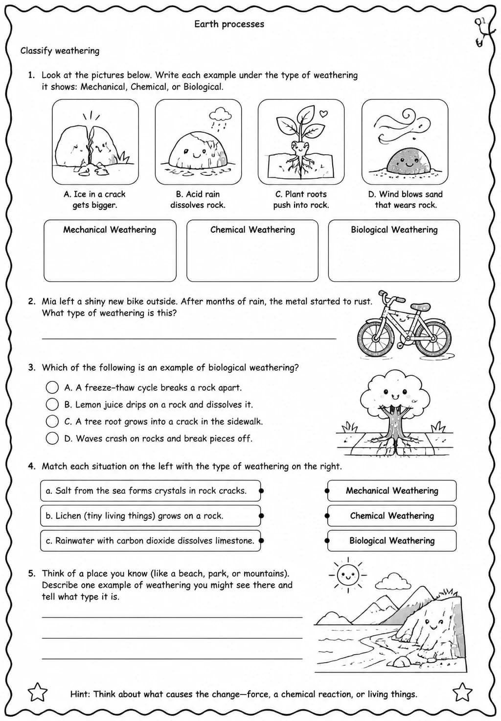 Classify weathering — free printable Grade 4 Science worksheet