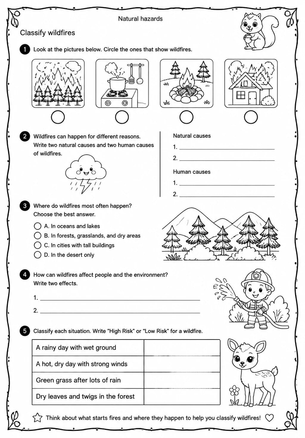 Classify wildfires — free printable Grade 3 Science worksheet