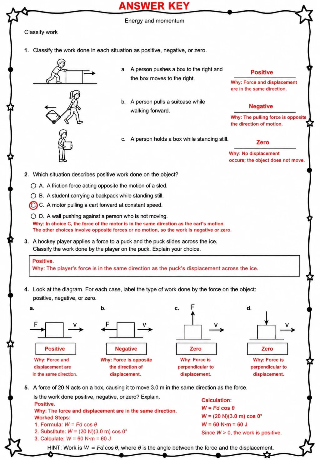 Answer key for Classify work — free printable Science worksheet