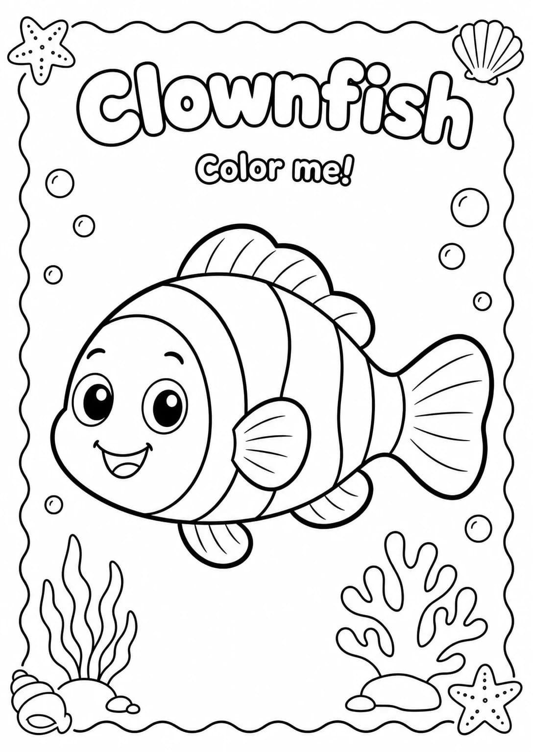 Clownfish Coloring Pages — free printable Kindergarten Art worksheet