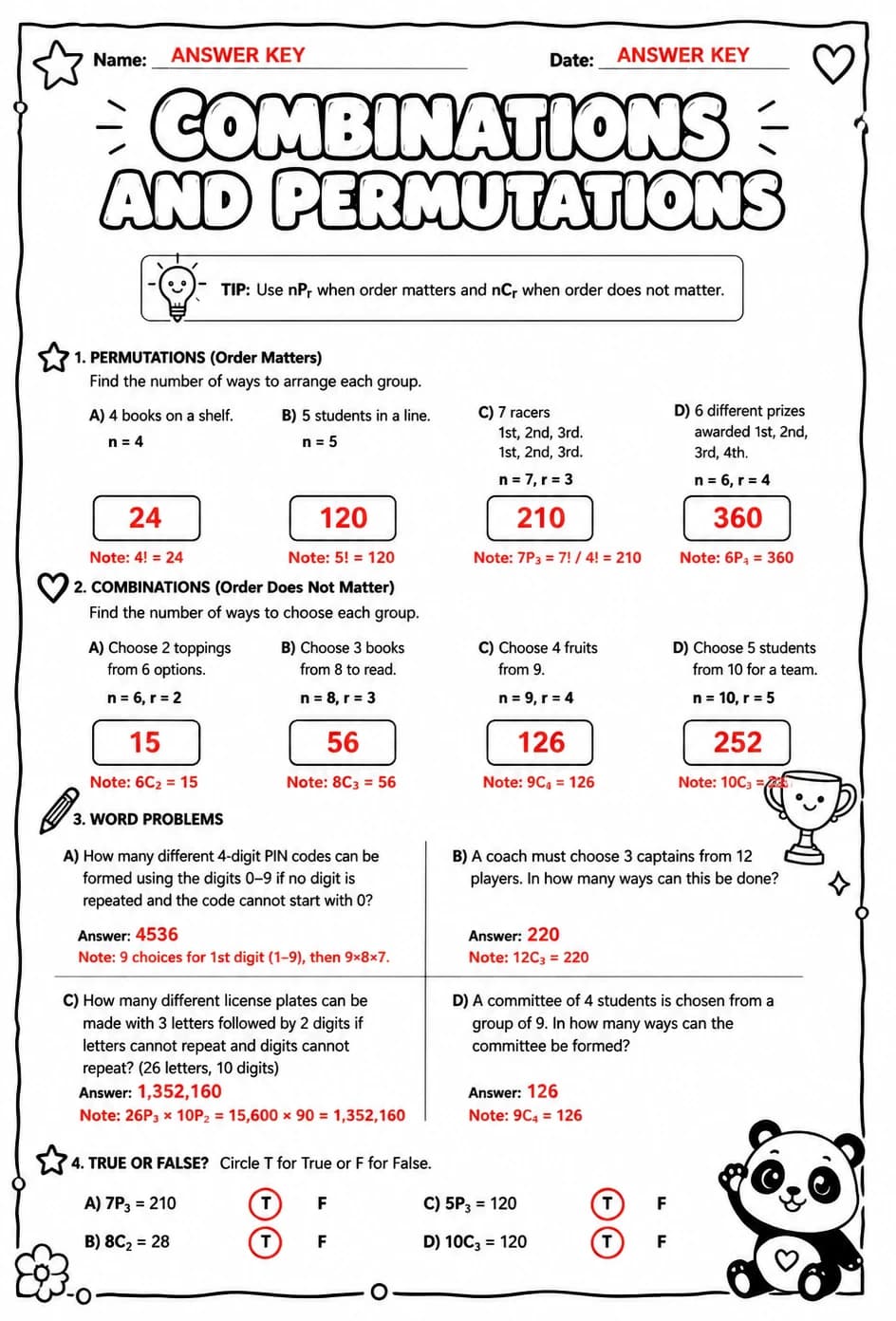 Answer key for Combinations and permutations — free printable Math worksheet