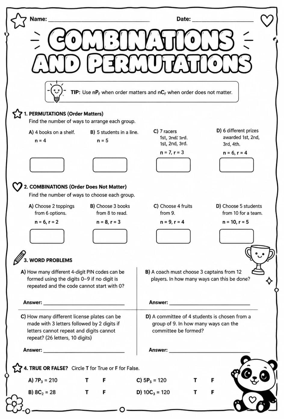 Combinations and permutations — free printable Algebra 2 math worksheet