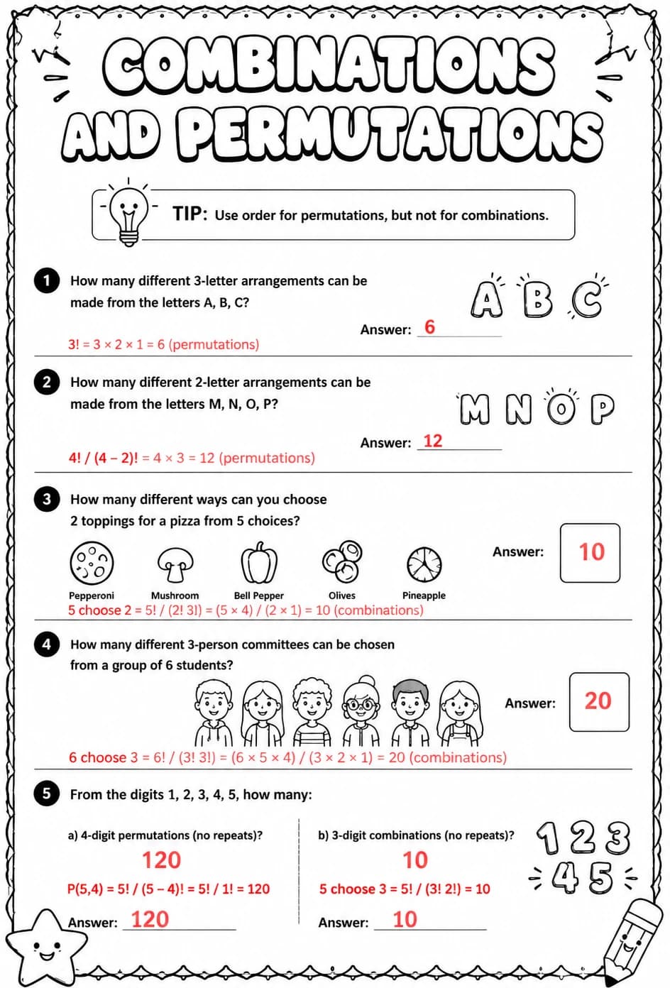 Answer key for Combinations and permutations — free printable Math worksheet
