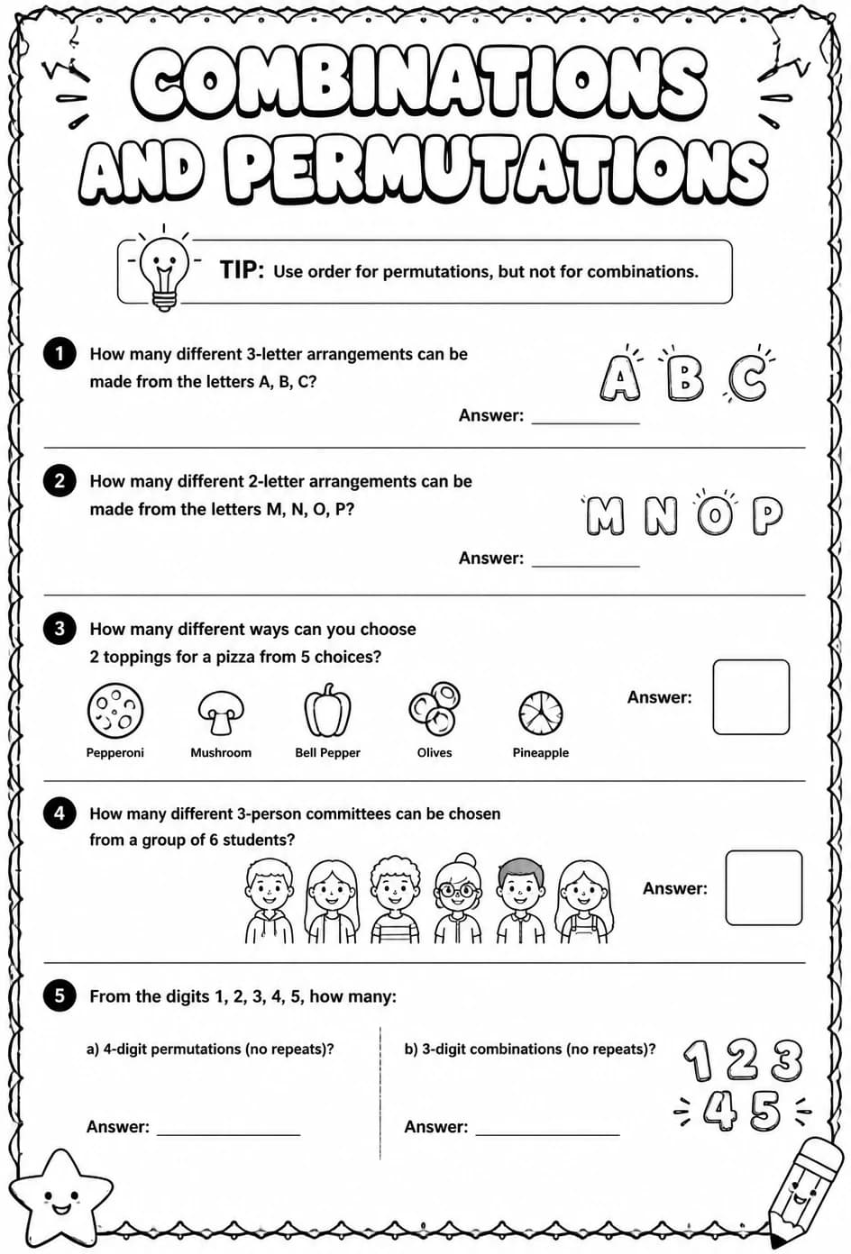 Combinations and permutations — free printable Precalculus math worksheet
