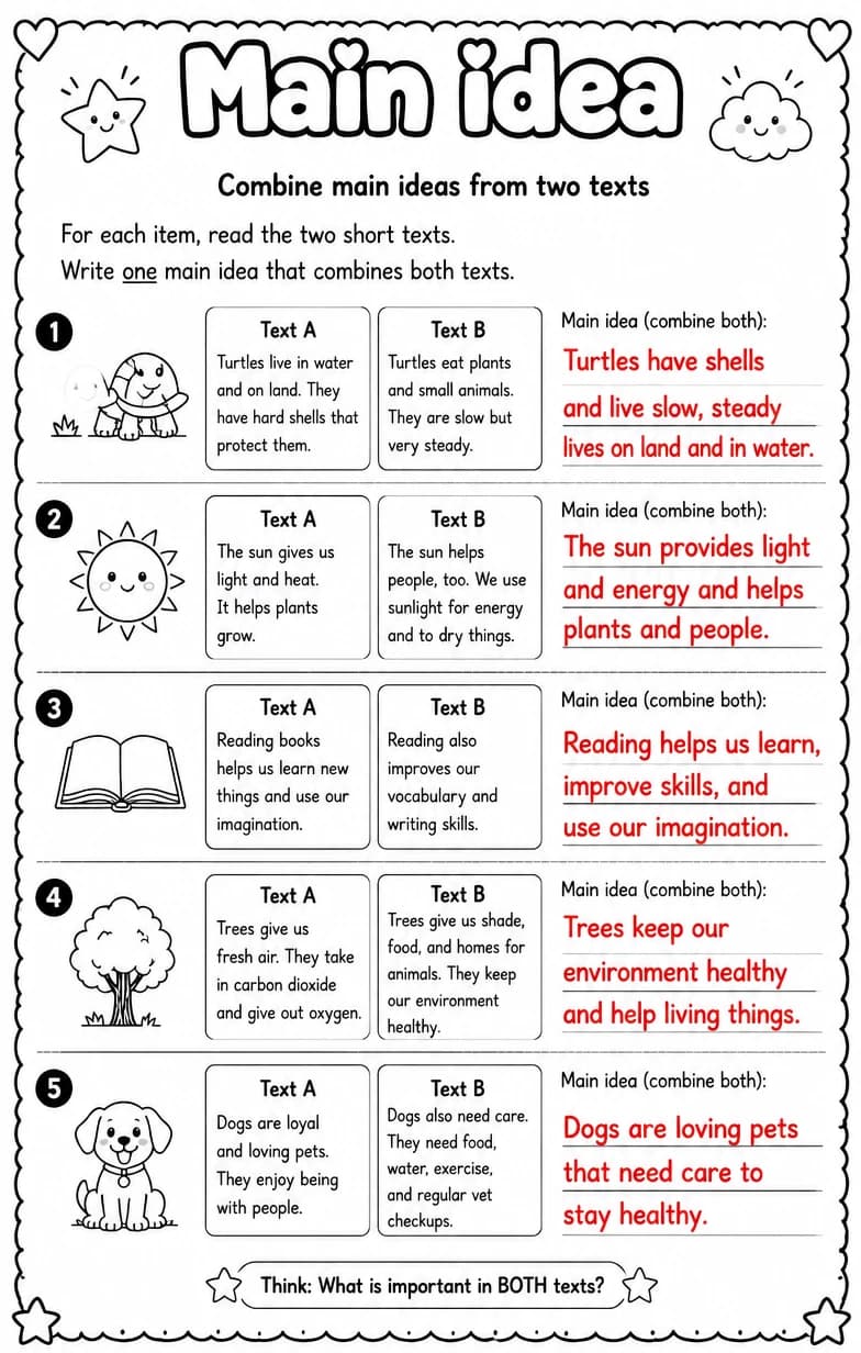Answer key for Combine main ideas from two texts — free printable English & Reading worksheet