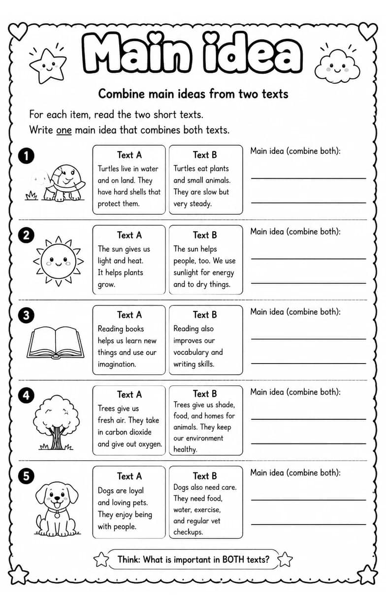 Combine main ideas from two texts — free printable Reading strategies English worksheet