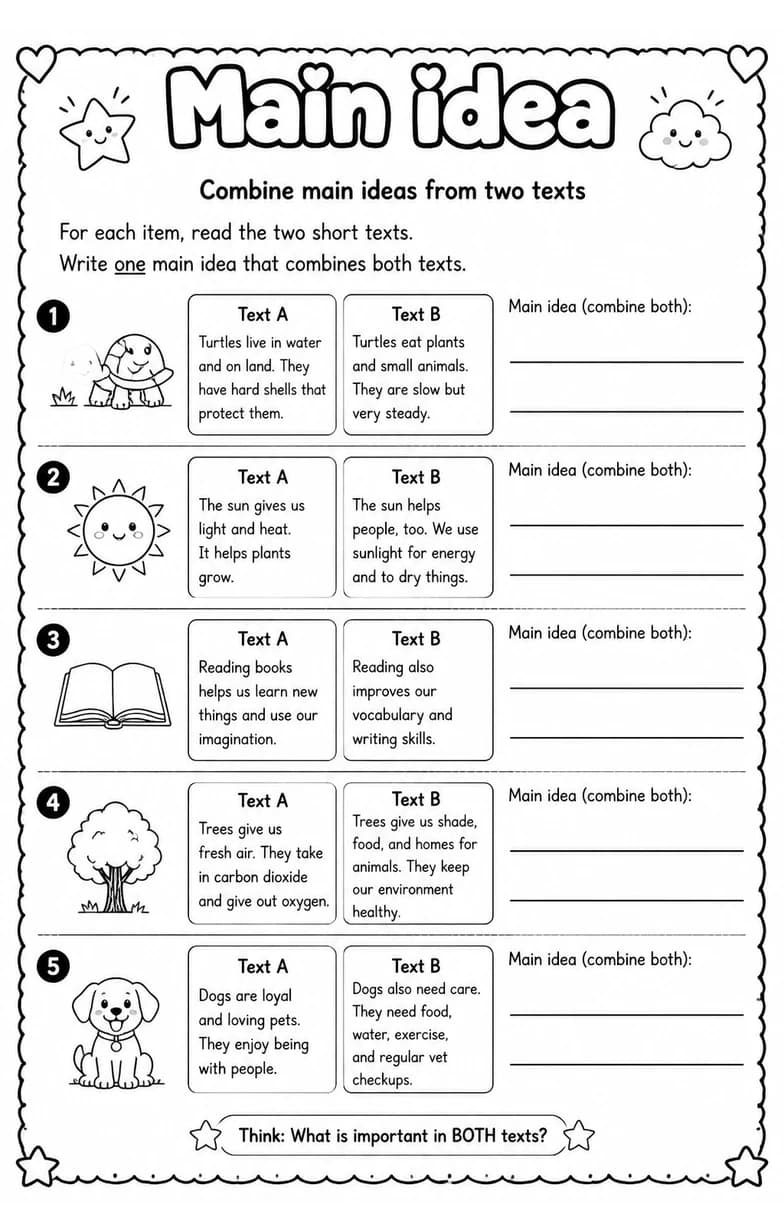 Combine main ideas from two texts — free printable Grade 4 English & Reading worksheet