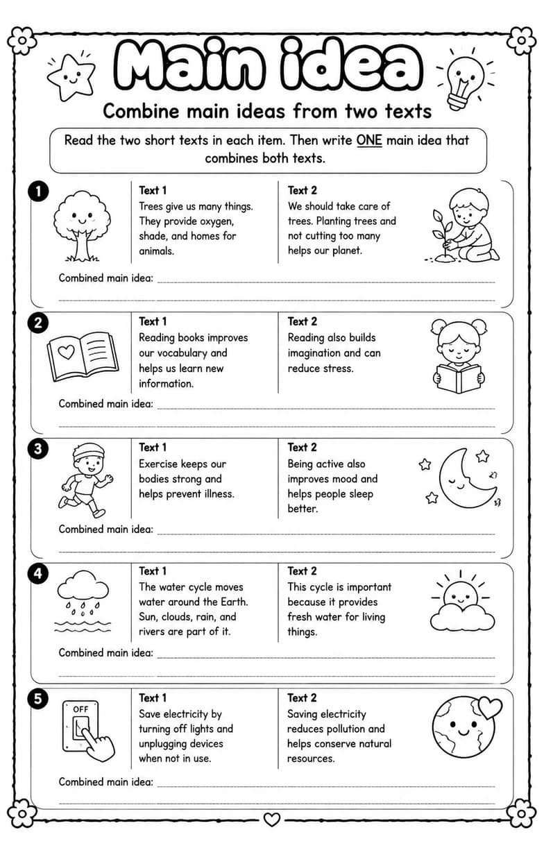 Combine main ideas from two texts — free printable Reading strategies English worksheet
