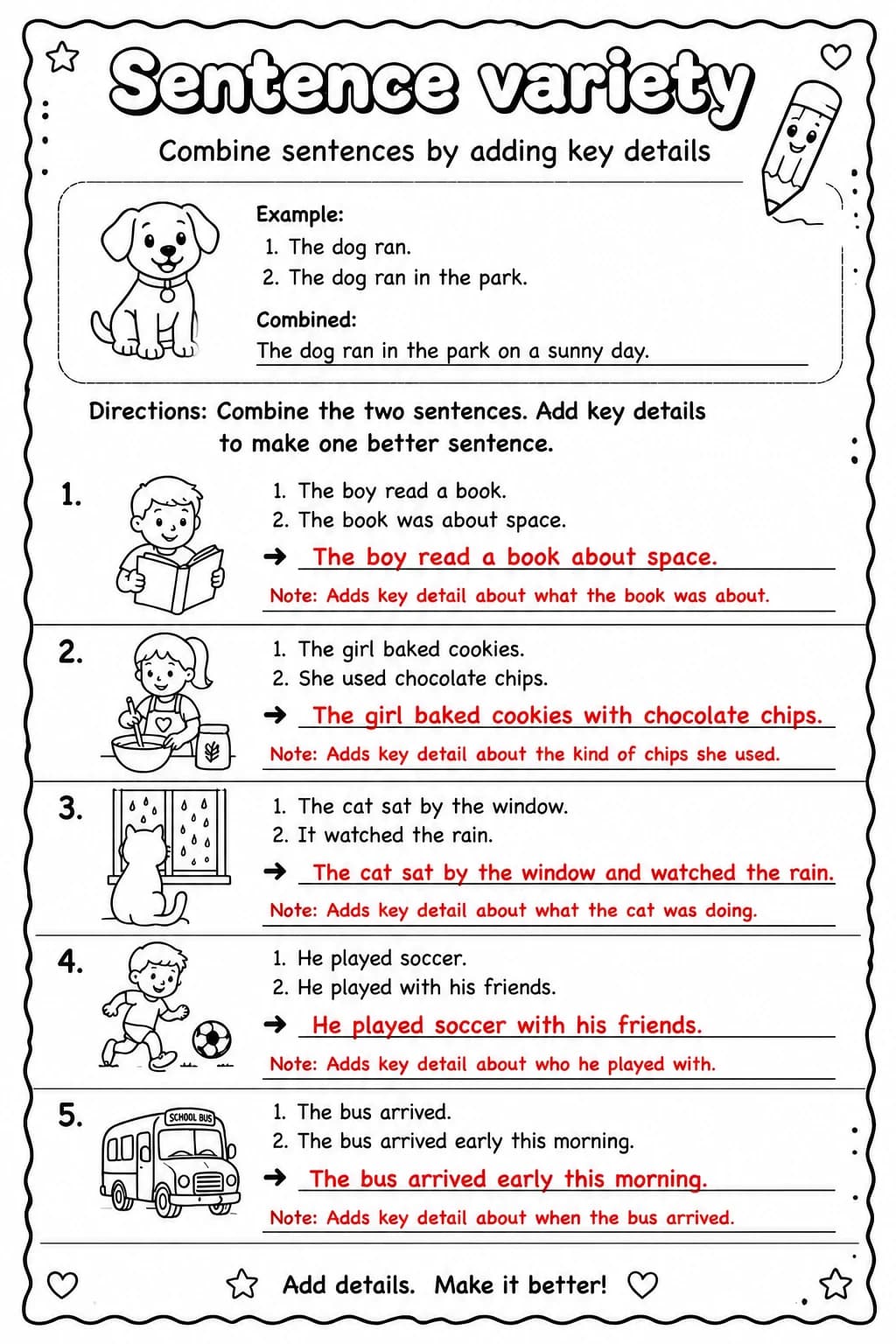 Answer key for Combine sentences by adding key details — free printable English & Reading worksheet
