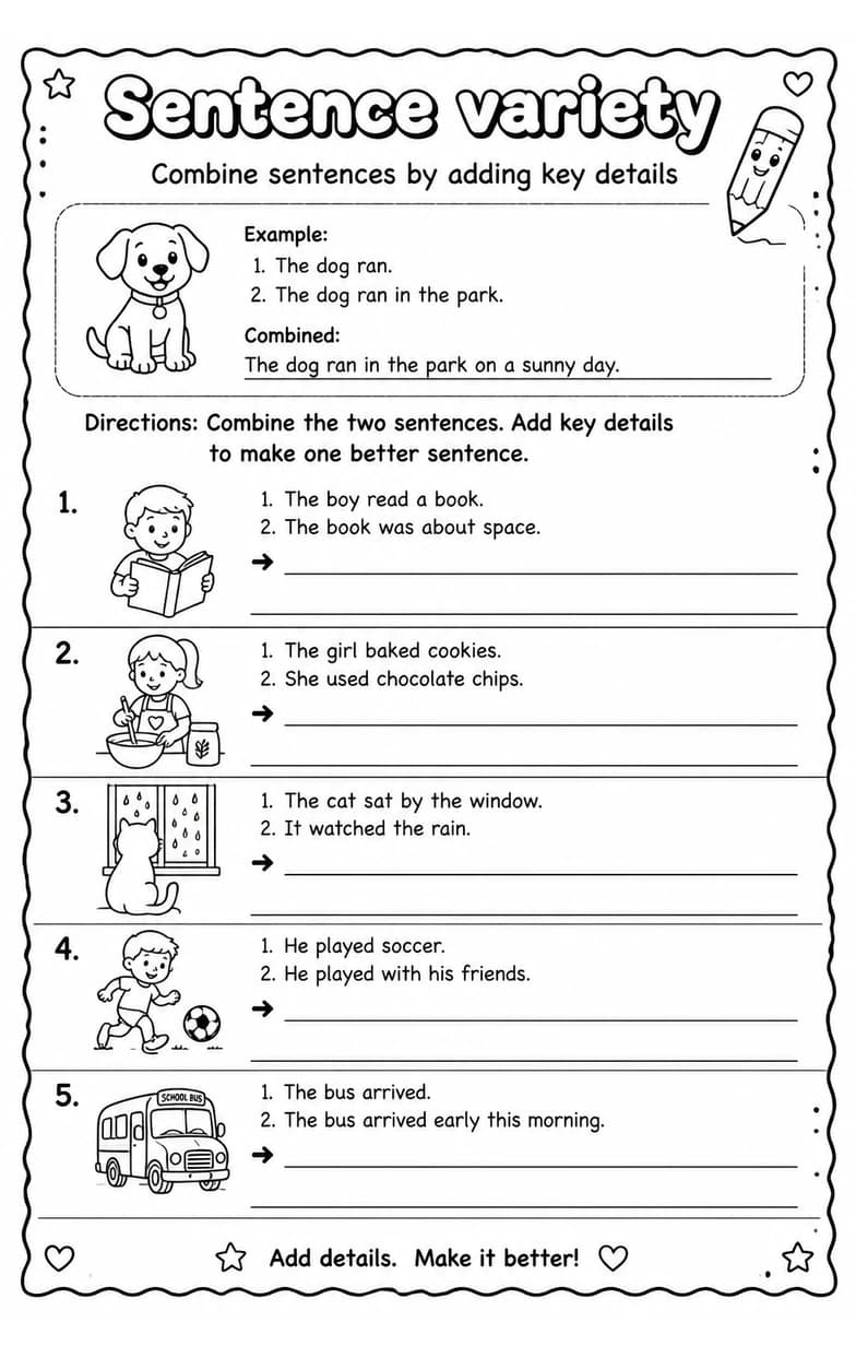 Combine sentences by adding key details — free printable Grade 3 English & Reading worksheet